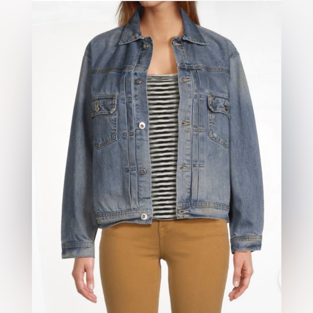 AG Adriano Goldschmied Distressed Blue Trucker Jacket NWOT Sz Sm (Store Sample)